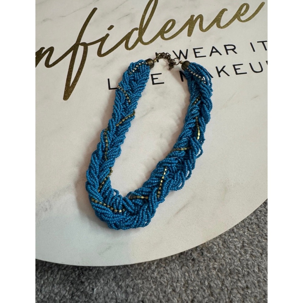 Blue Braided Seed Bead Statement Necklace Gold Tone Accents Adjustable Clasp